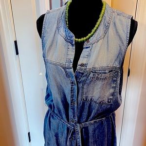 SOFT with beautiful drape self tie belted denim look sleeveless dress